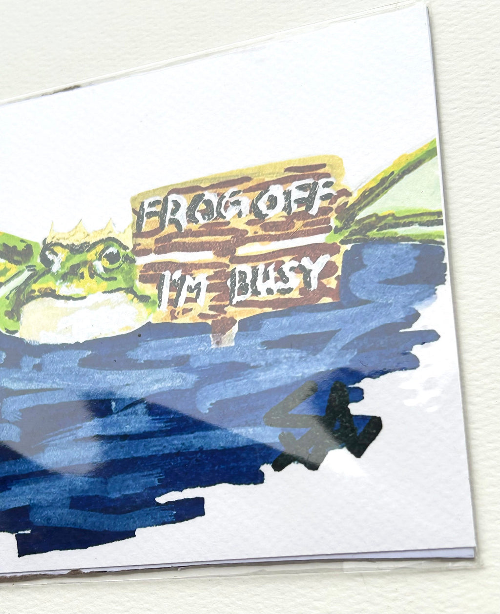 Close-up of Frog Off, I'm Busy 5x7 art print showing a crowned frog beside the humorous wooden sign