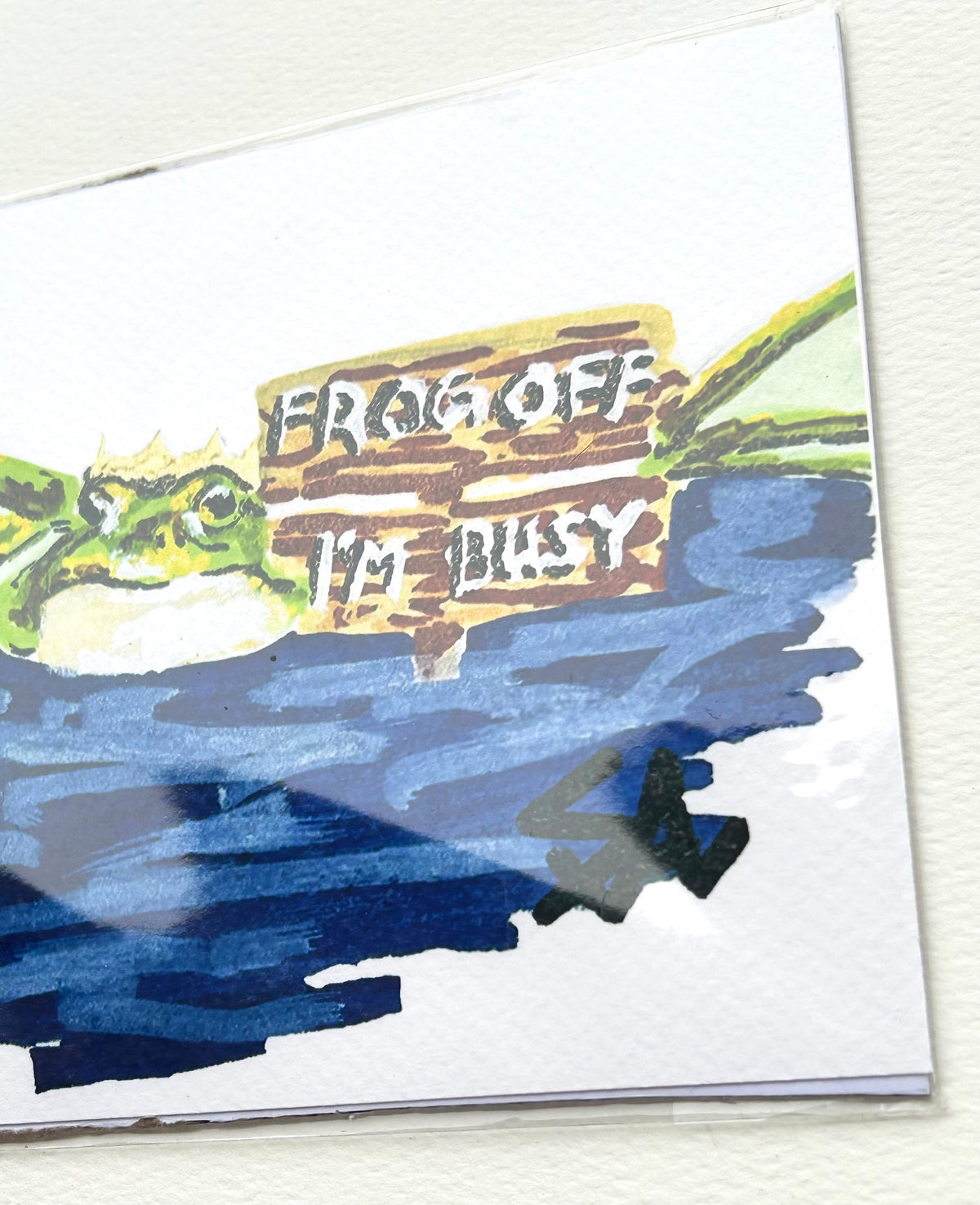 Close-up of Frog Off, I'm Busy 5x7 art print showing a crowned frog beside the humorous wooden sign