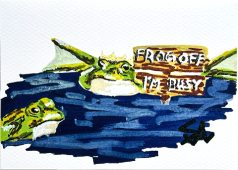 Frog Off, I'm Busy 5x7 art print featuring two frogs in water with a humorous wooden sign