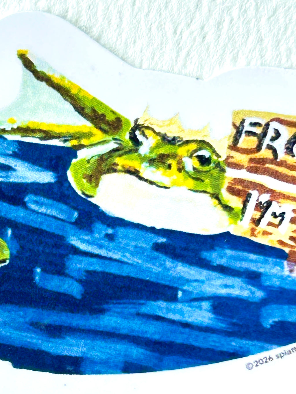 Close-up of Frog Off I'm Busy vinyl sticker showing a crowned green frog and blue water artwork