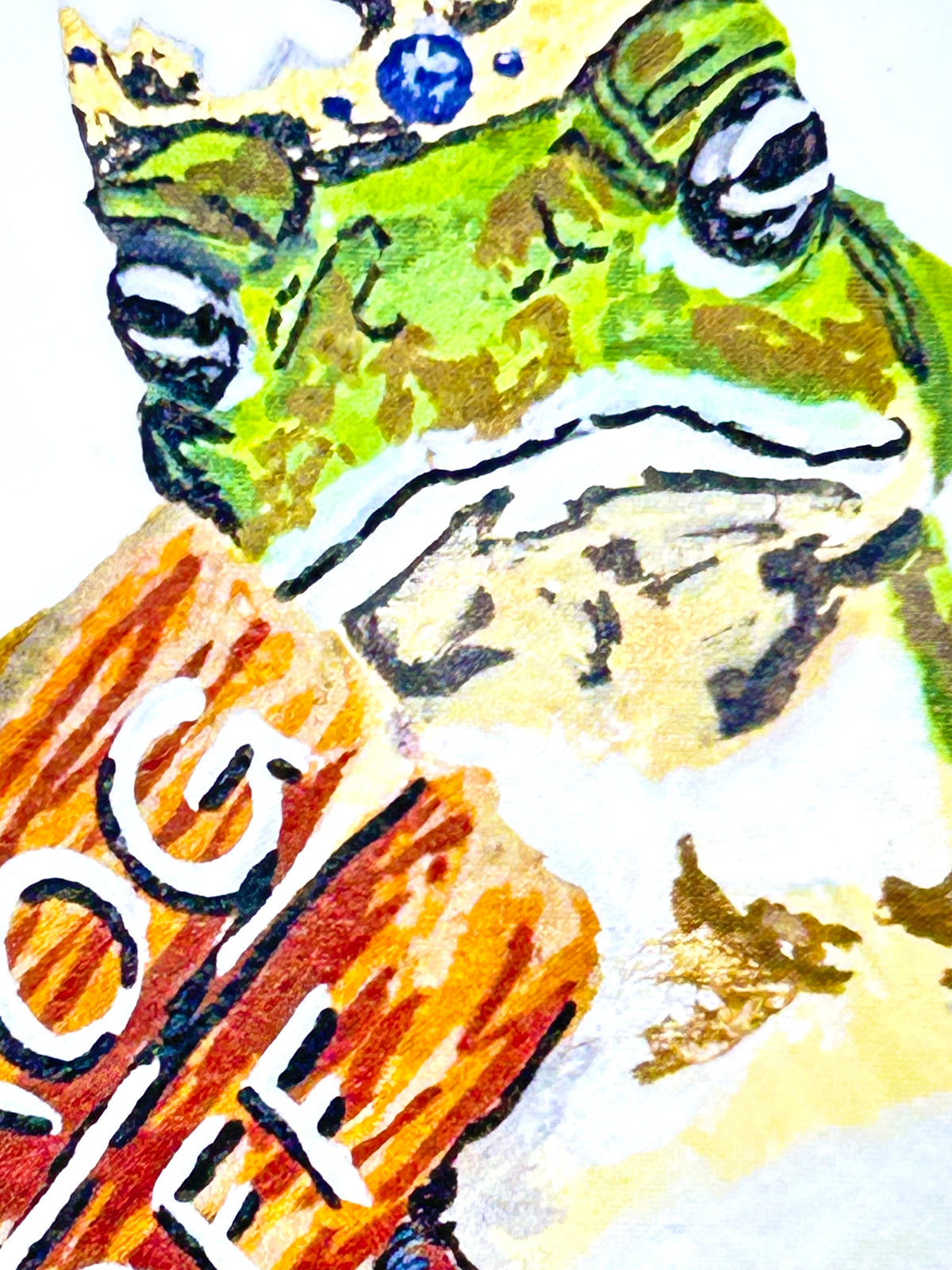 Close-up of Frog Off vinyl sticker showing the crowned green frog and wooden sign