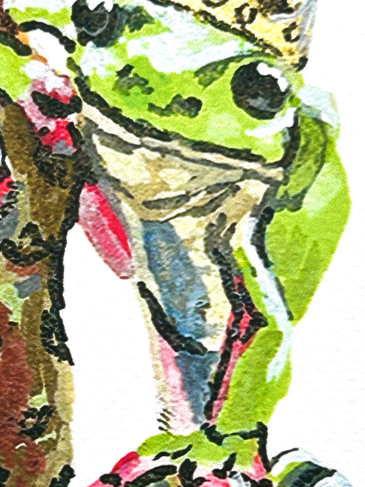 Close-up detail of Frog Parking Only 5x7 art print showing a crowned green frog perched above another frog