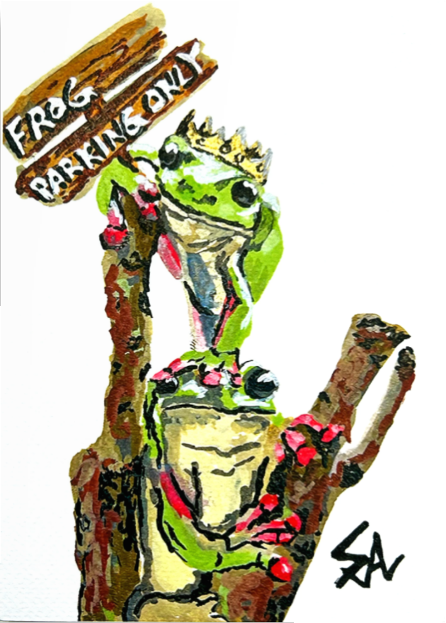 Frog Parking Only 5x7 art print featuring two crowned frogs perched on branches with a Frog Parking Only sign