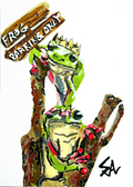 Frog Parking Only 5x7 art print featuring two crowned frogs perched on branches with a Frog Parking Only sign