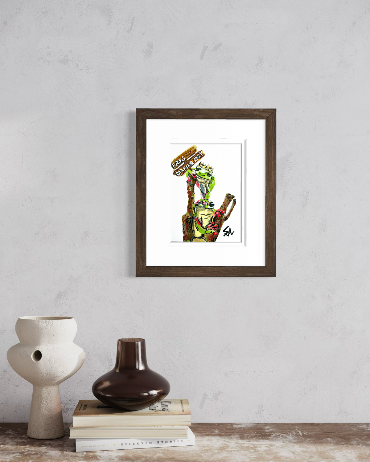 Frog Parking Only 5x7 art print from the Chronicles of a Tired Frog collection displayed in a framed wall mockup