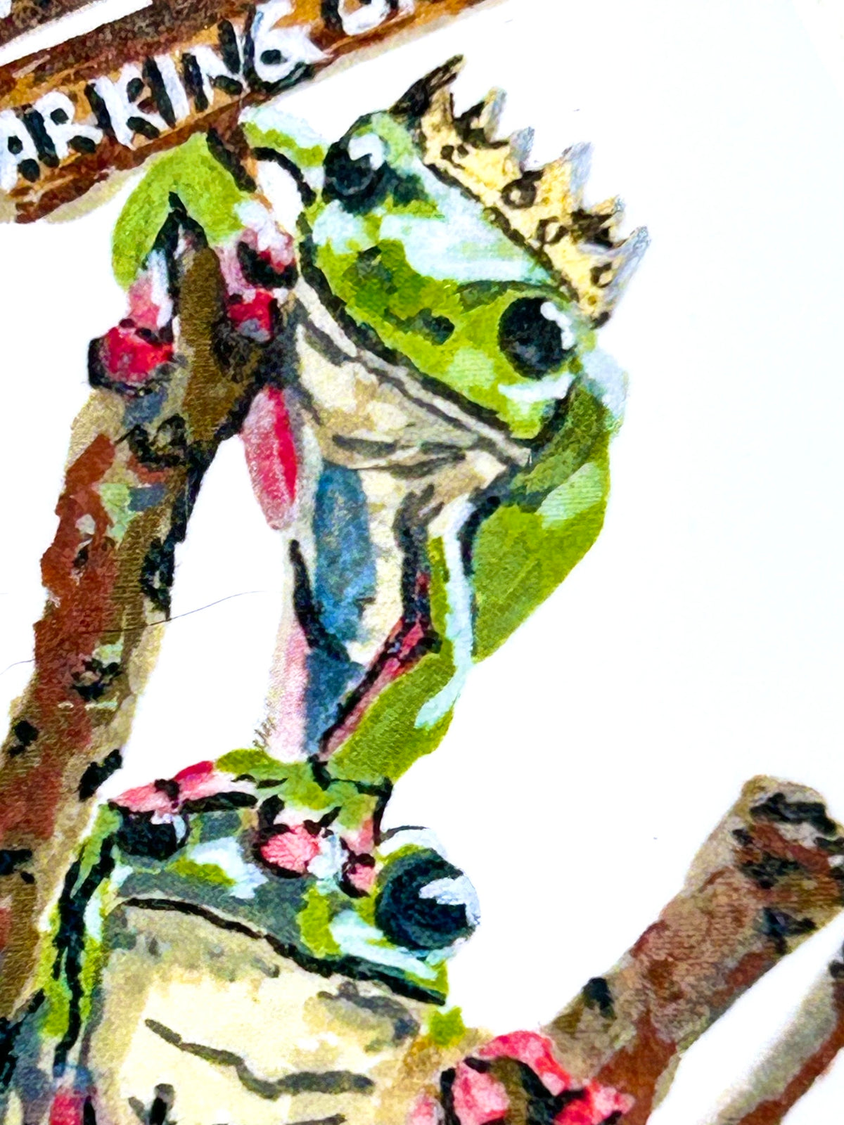 Close-up of Frog Parking Only vinyl sticker showing two crowned frogs perched on branches
