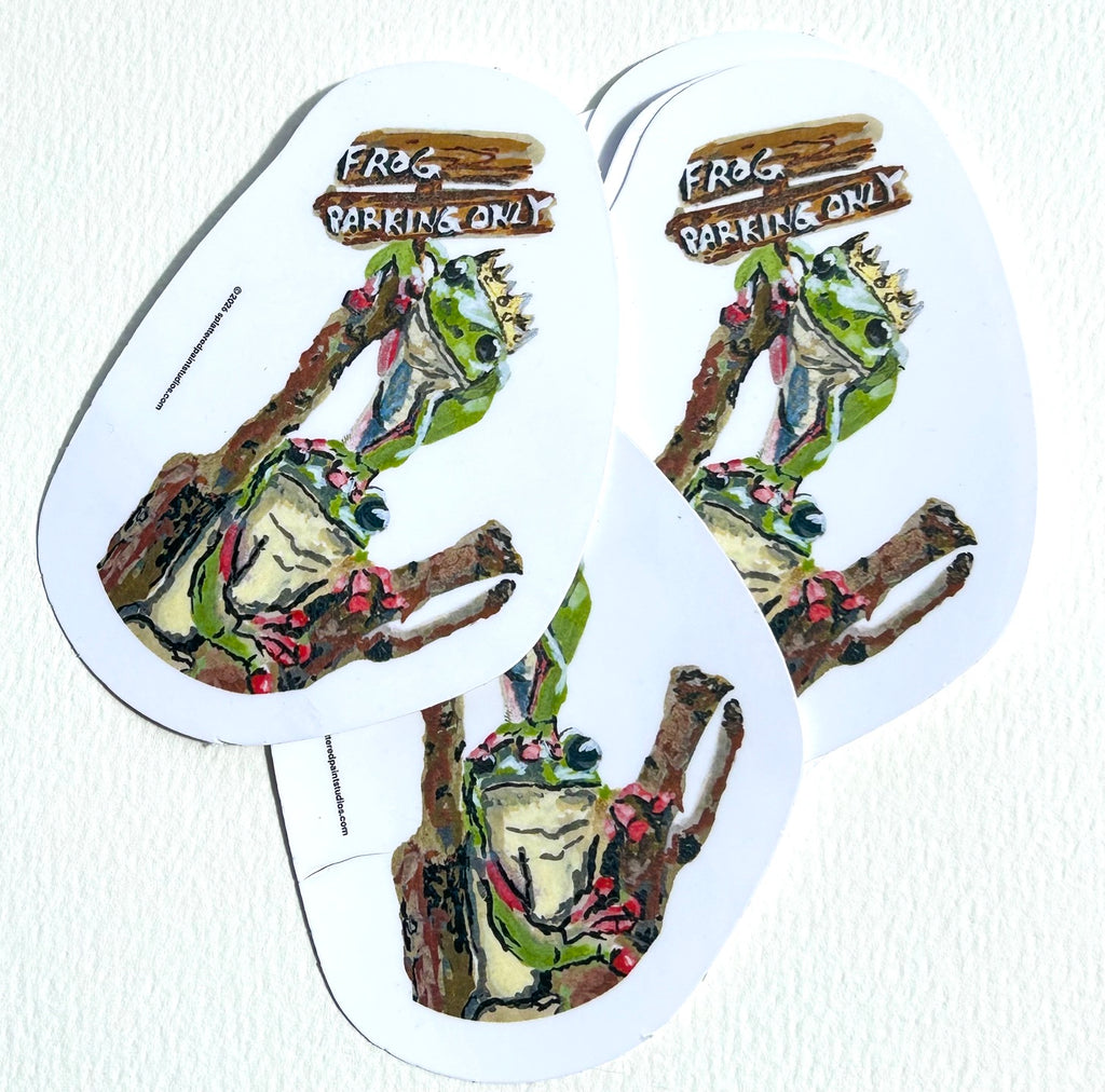 Stack of Frog Parking Only vinyl stickers featuring two crowned frogs perched on branches