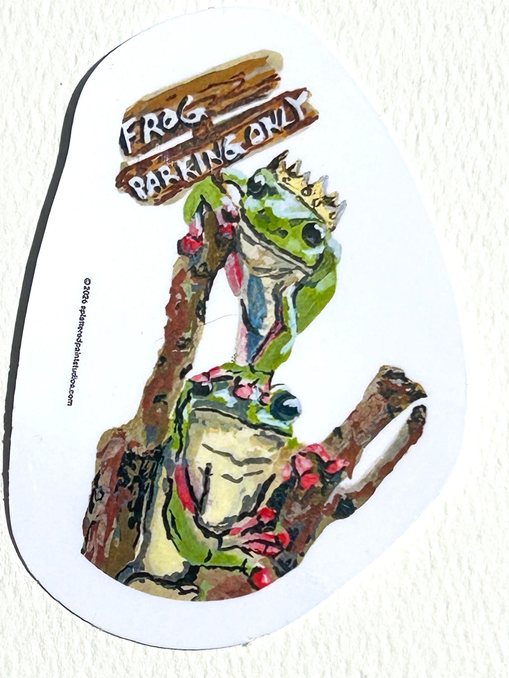 Frog Parking Only 3-inch vinyl sticker featuring two crowned frogs sitting on branches