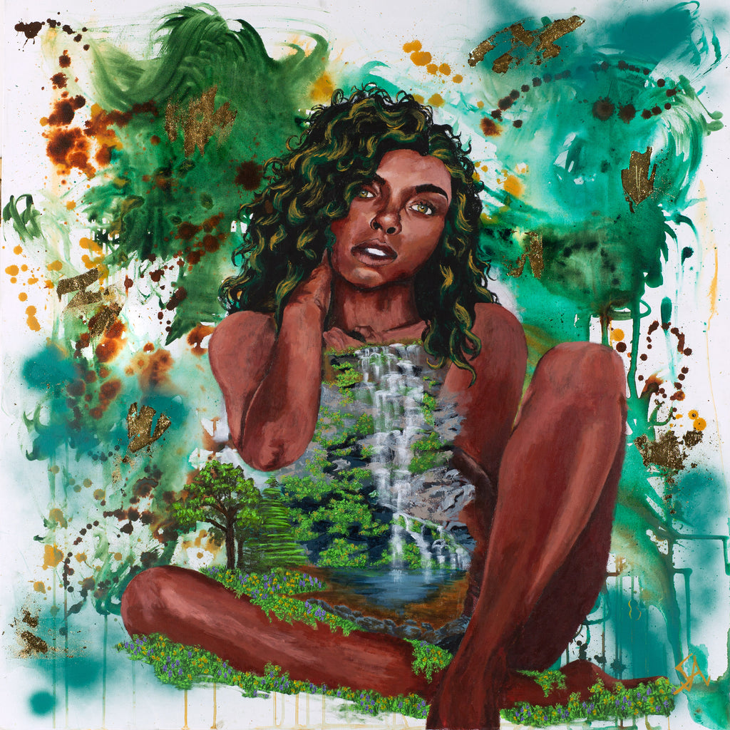 Gaia Mother Earth Goddess original acrylic painting with a seated figure, lush landscape, green abstract details, and gold foil accents
