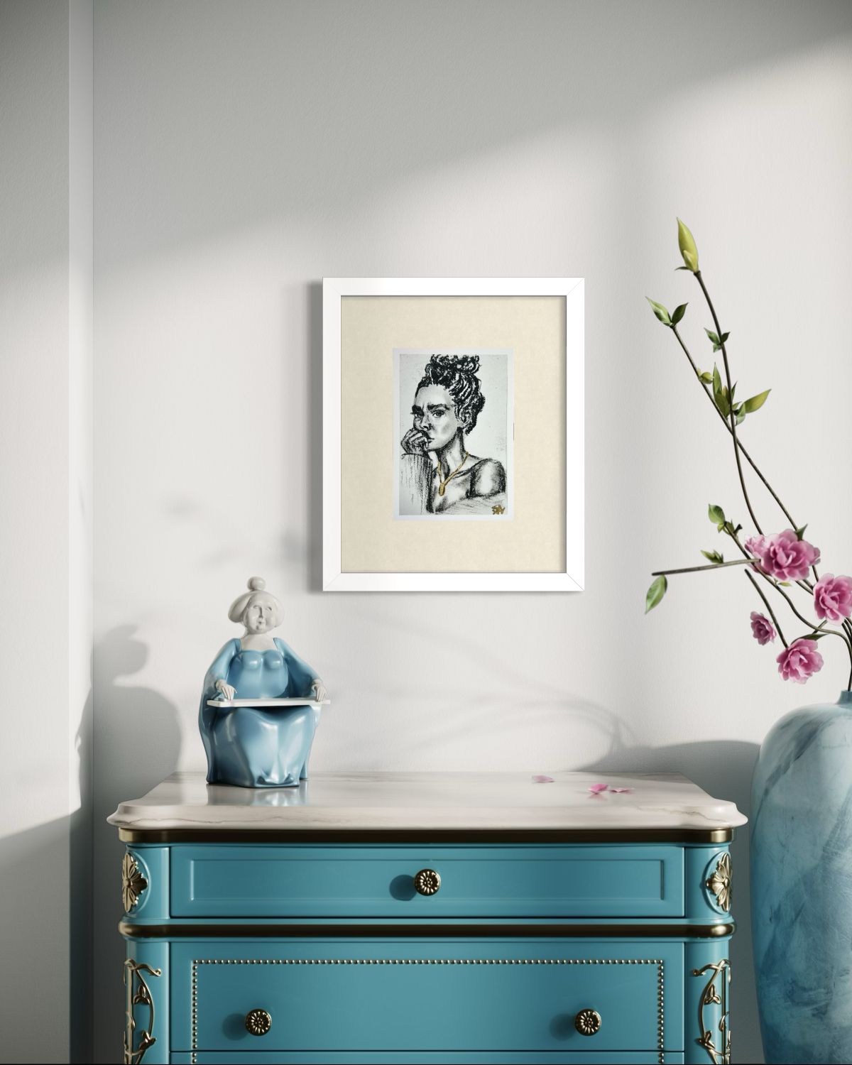 Golden Defiance 5x7 charcoal art print displayed in a white frame above a blue dresser