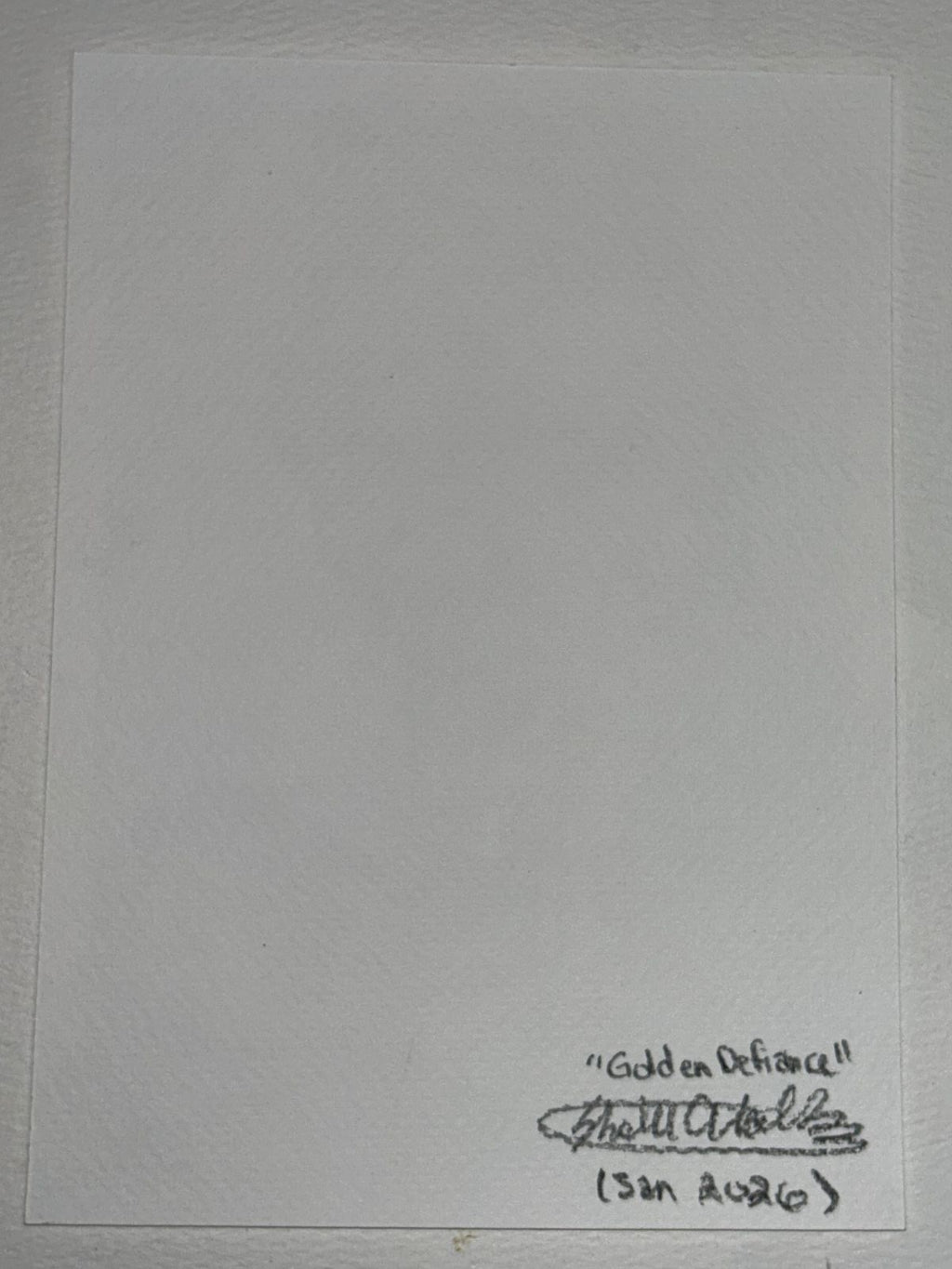 Back of Golden Defiance art print showing the handwritten title, artist signature, and date