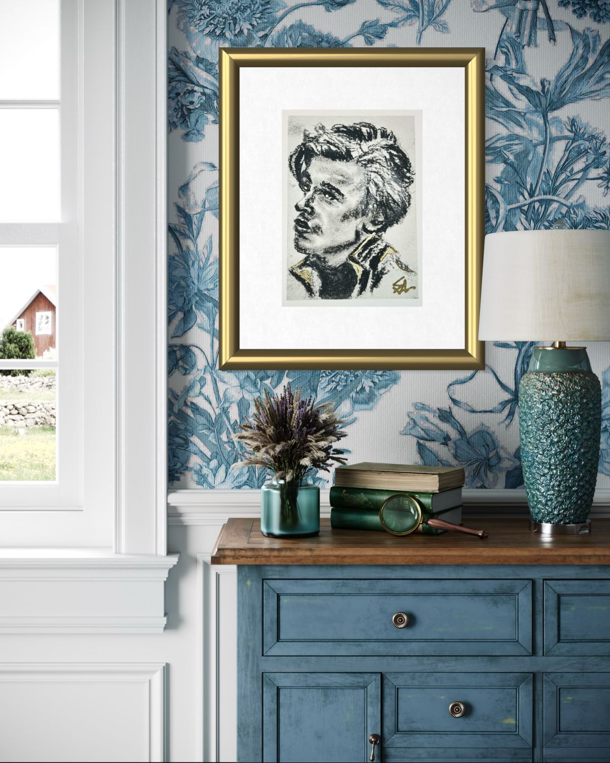 Golden Gaze 5x7 charcoal art print displayed in a gold frame above a blue cabinet