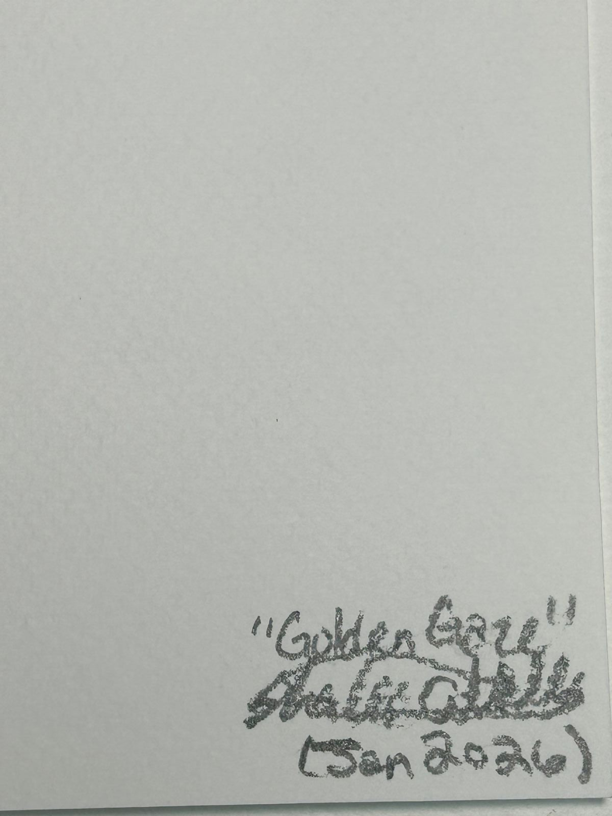 Back of Golden Gaze 5x7 art print showing the handwritten title, artist signature, and date