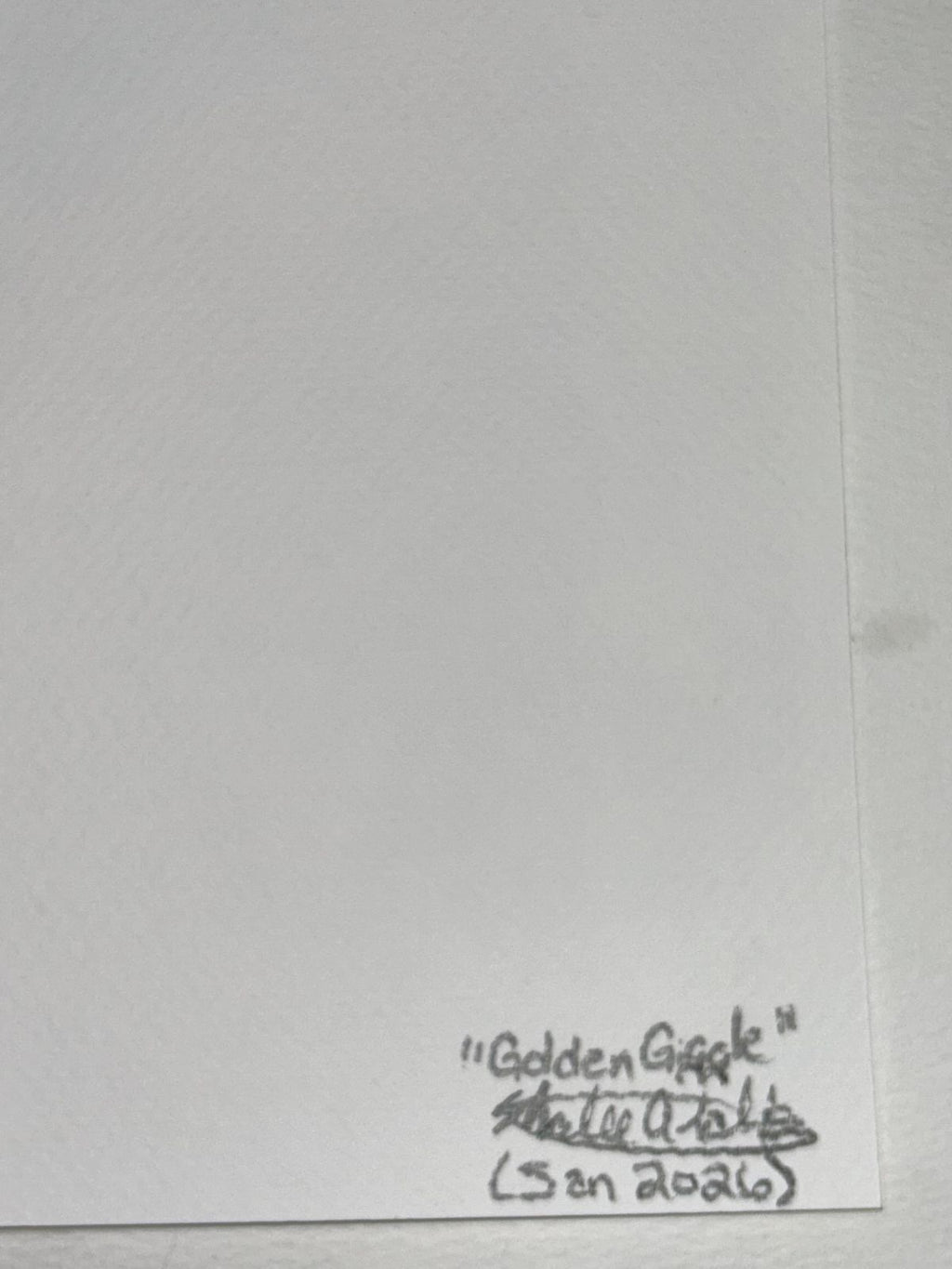 Back of Golden Giggle art print showing the artwork title, artist signature, and 2026 date