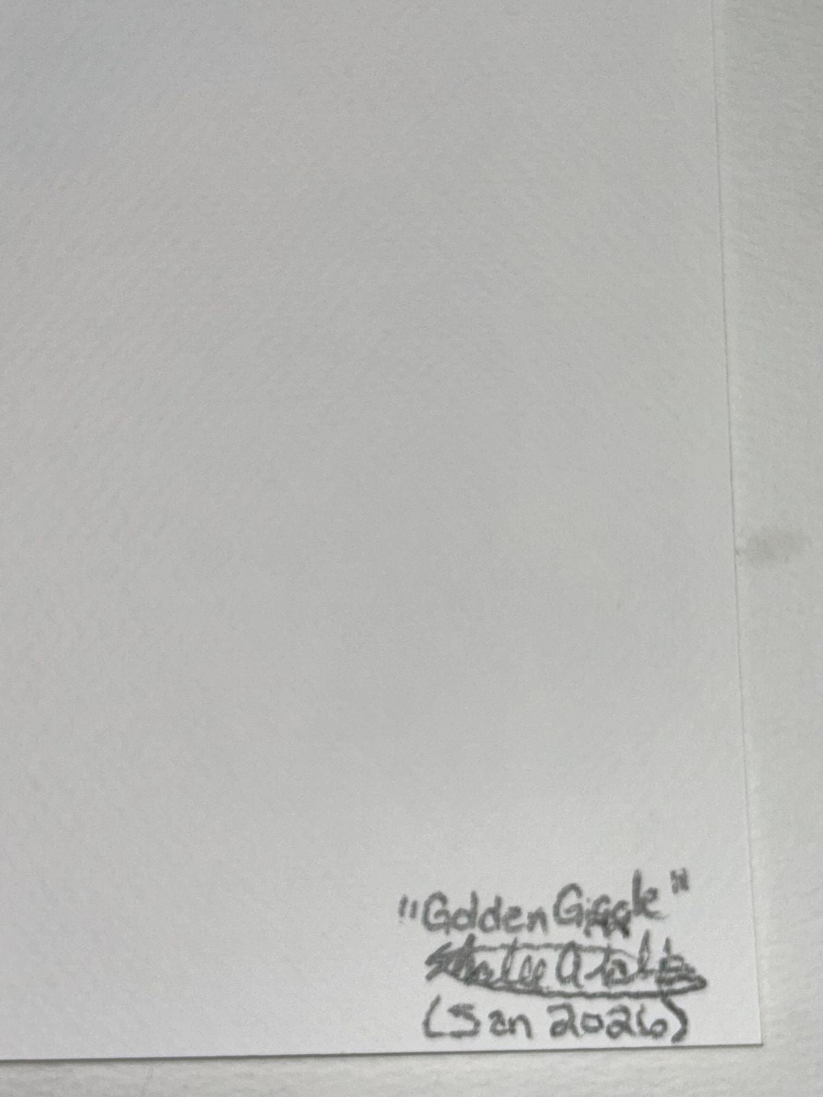 Back of Golden Giggle art print showing the artwork title, artist signature, and 2026 date