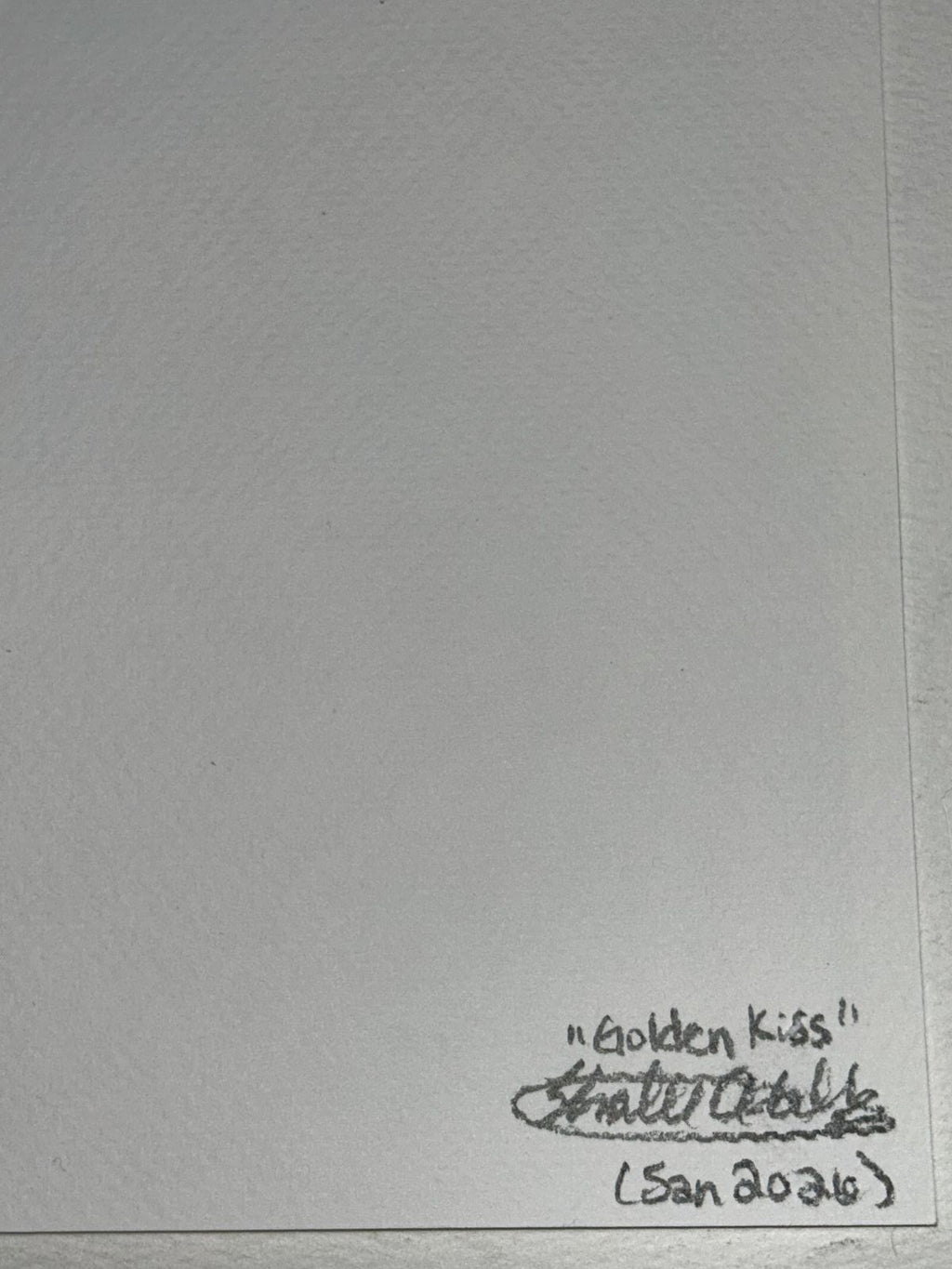 Back of Golden Kiss art print showing the handwritten title, artist signature, and date