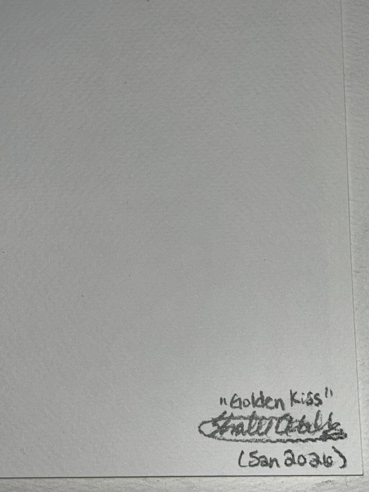 Back of Golden Kiss art print showing the handwritten title, artist signature, and date