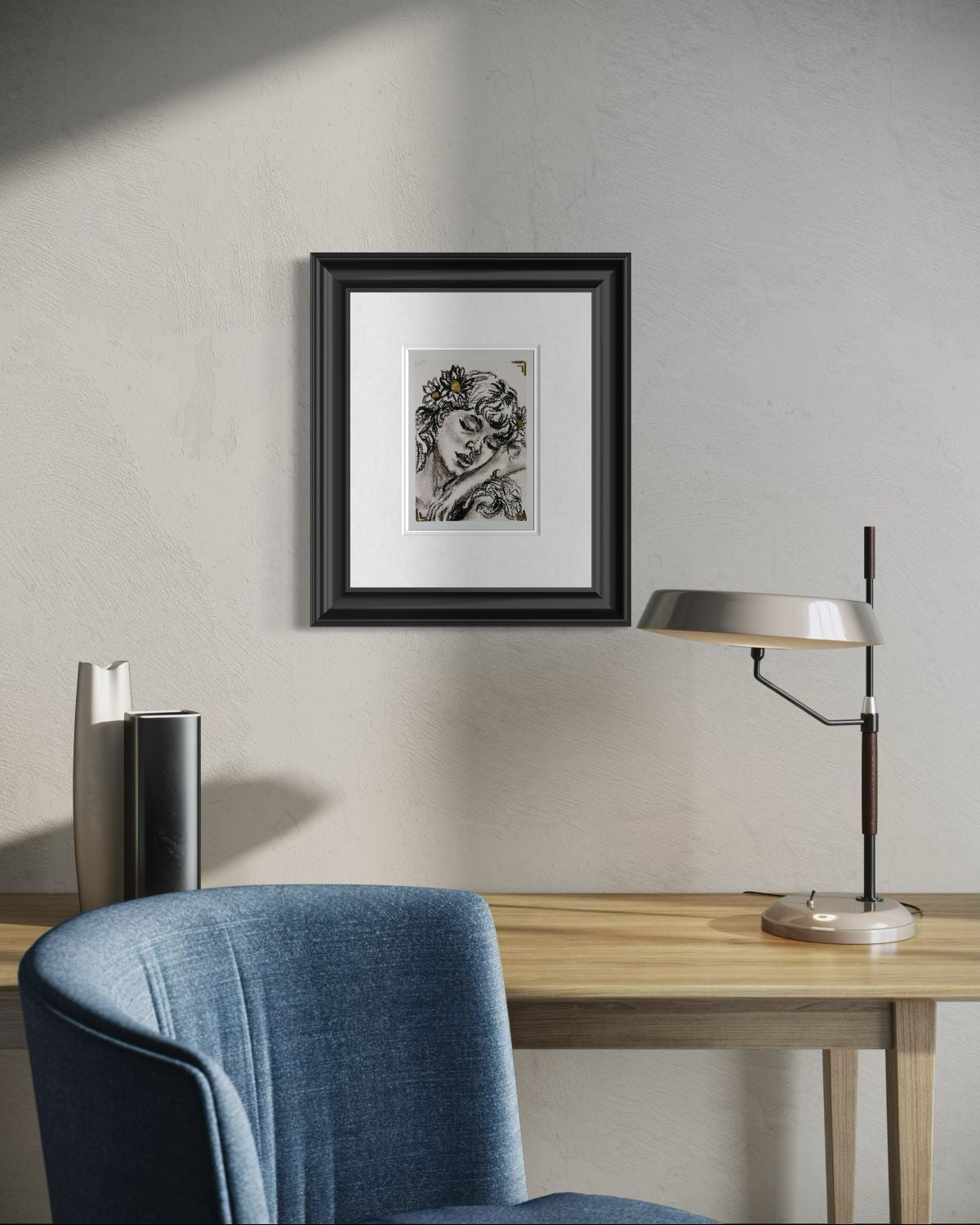 Golden Lullaby 5x7 charcoal art print displayed in a black frame above a desk