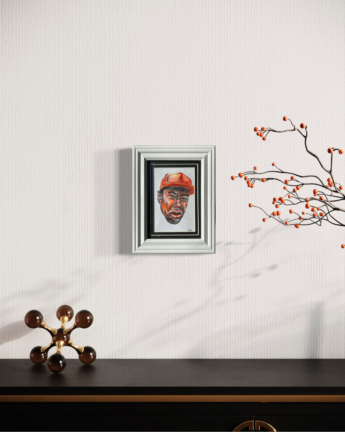 Hardline framed colored pencil portrait displayed on a wall, showing the scale of the 5x7 frame