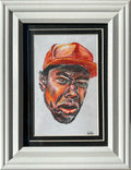 Hardline original colored pencil portrait featuring a man in a red cap, matted and displayed in a 5x7 frame