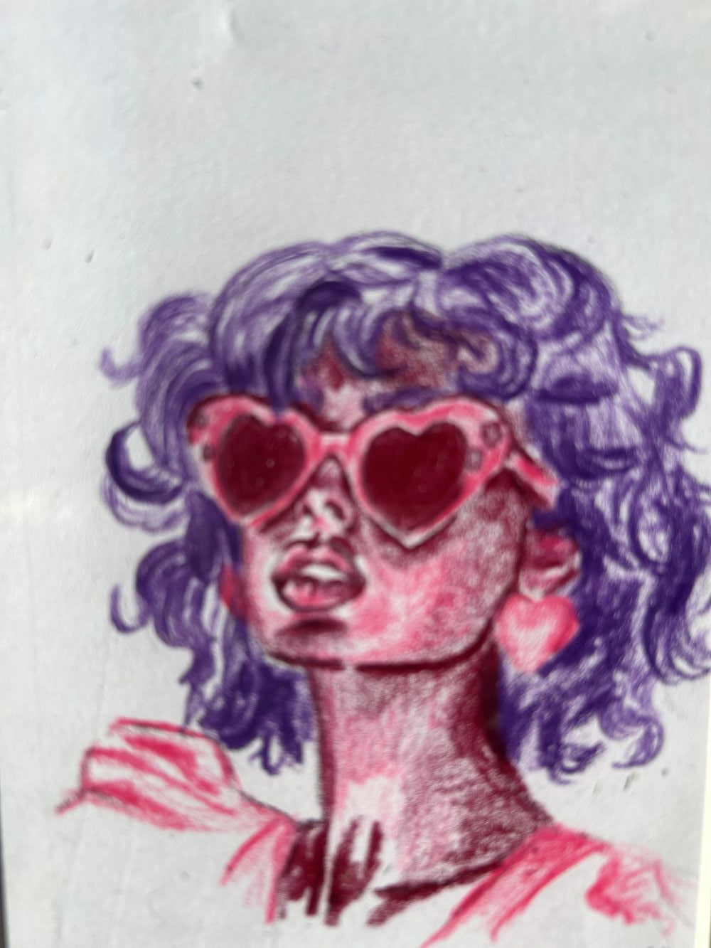 Close-up of Heartbreaker original colored pencil portrait with purple hair and red heart-shaped sunglasses