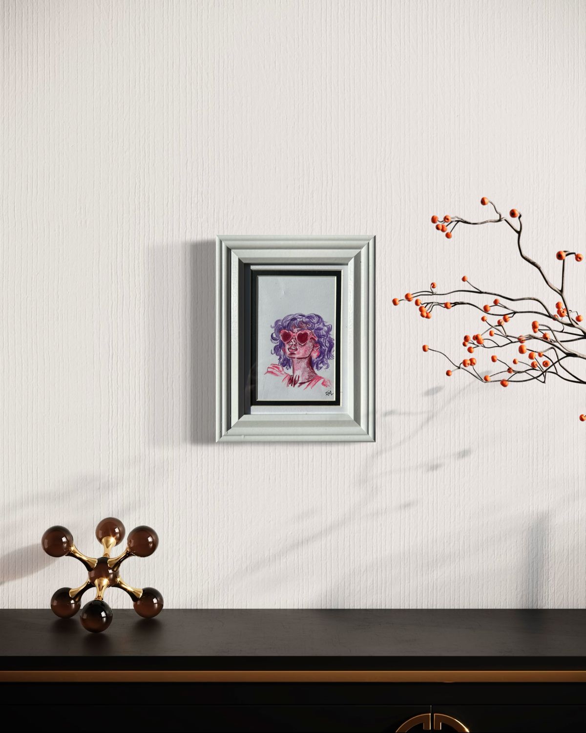 Heartbreaker framed original colored pencil drawing displayed on a wall to show scale and presentation