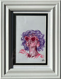 Heartbreaker original colored pencil portrait with purple hair and heart-shaped sunglasses in a 5x7 frame