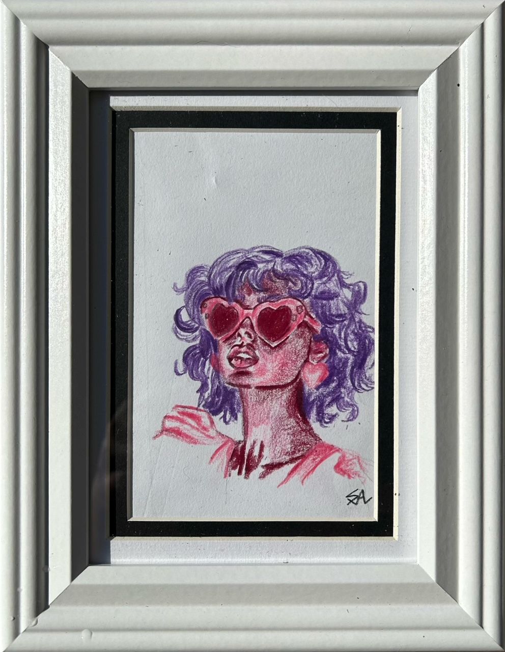 Heartbreaker original colored pencil portrait with purple hair and heart-shaped sunglasses in a 5x7 frame