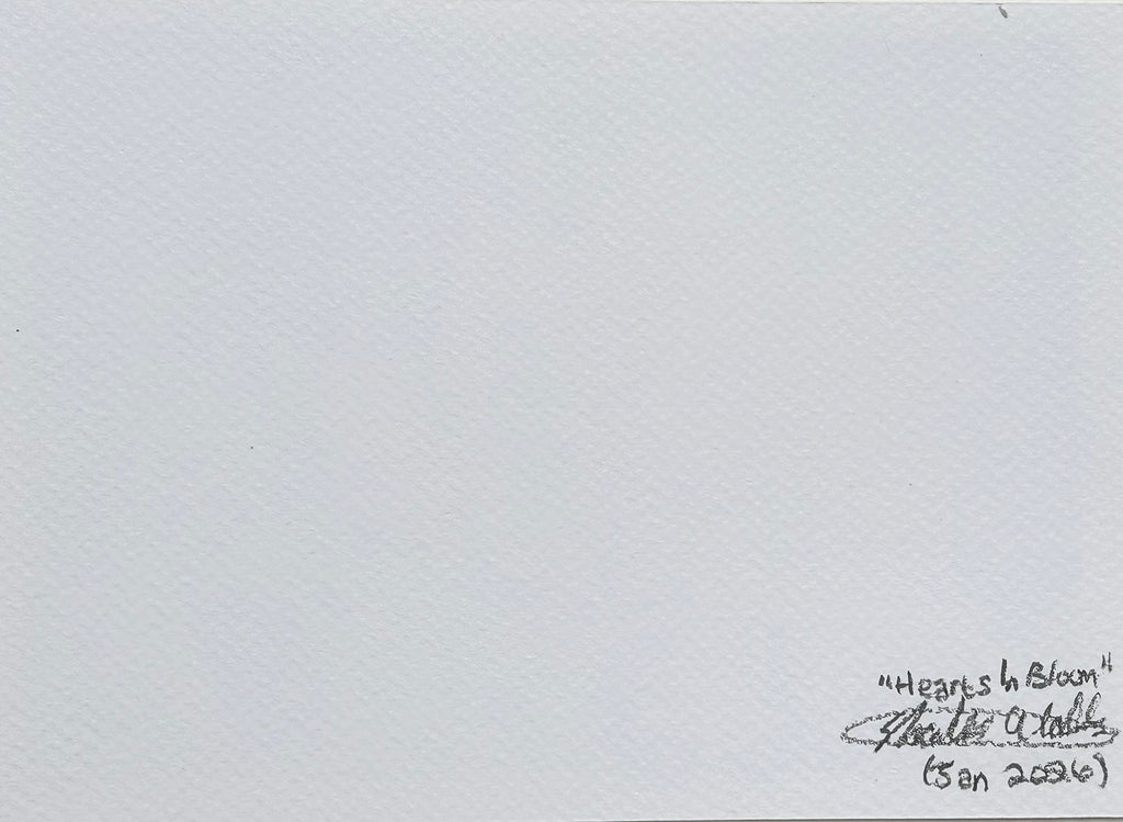 Back of Hearts in Bloom 5x7 art print showing the artwork title, artist signature, and date