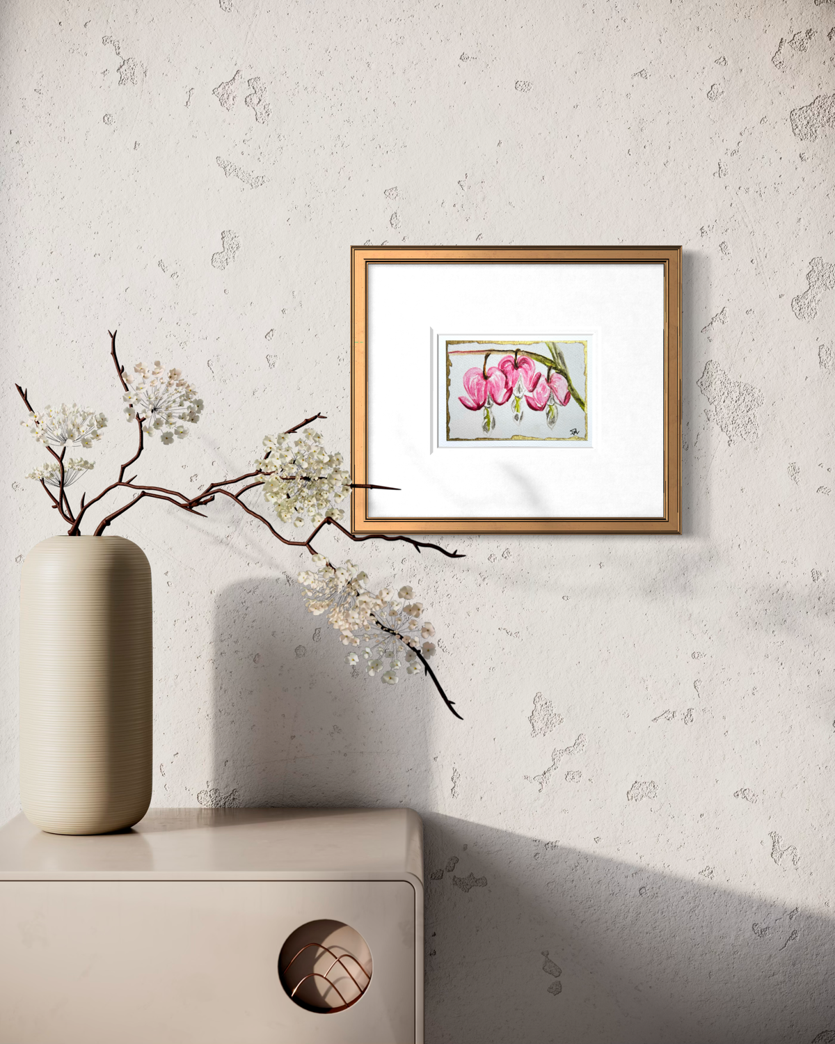 Hearts in Bloom 5x7 floral art print displayed in a gold frame on a neutral wall