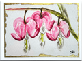 Hearts in Bloom 5x7 art print featuring pink bleeding heart flowers with gold accents