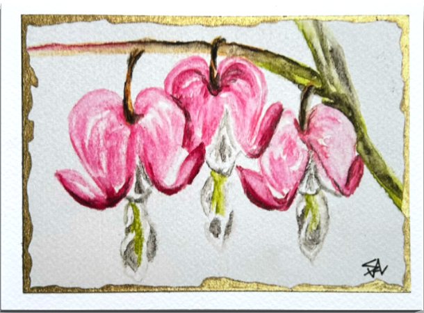 Hearts in Bloom 5x7 art print featuring pink bleeding heart flowers with gold accents