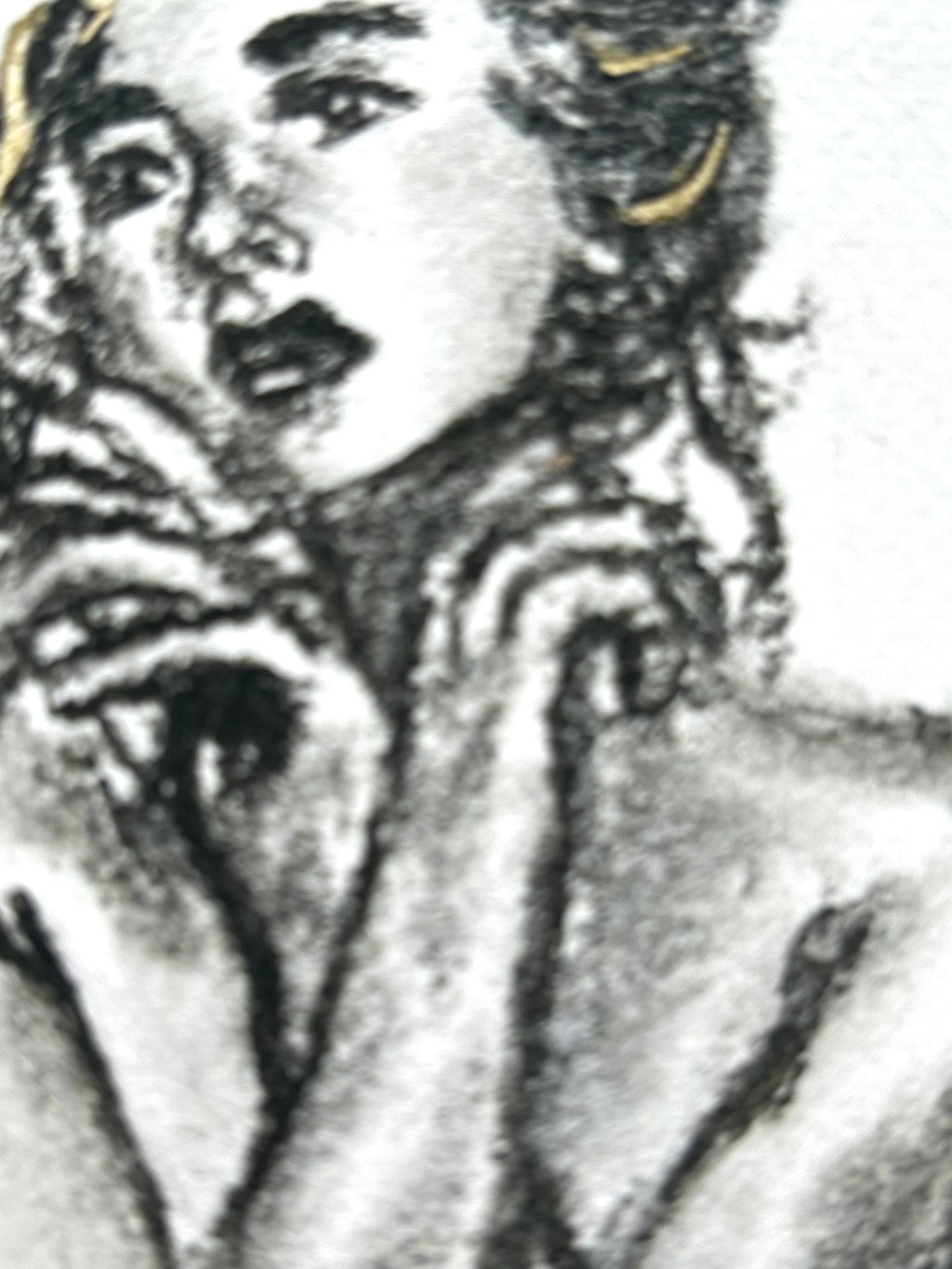 Close-up detail of Held Breath charcoal art print showing the woman’s face, hands, and expressive charcoal shading