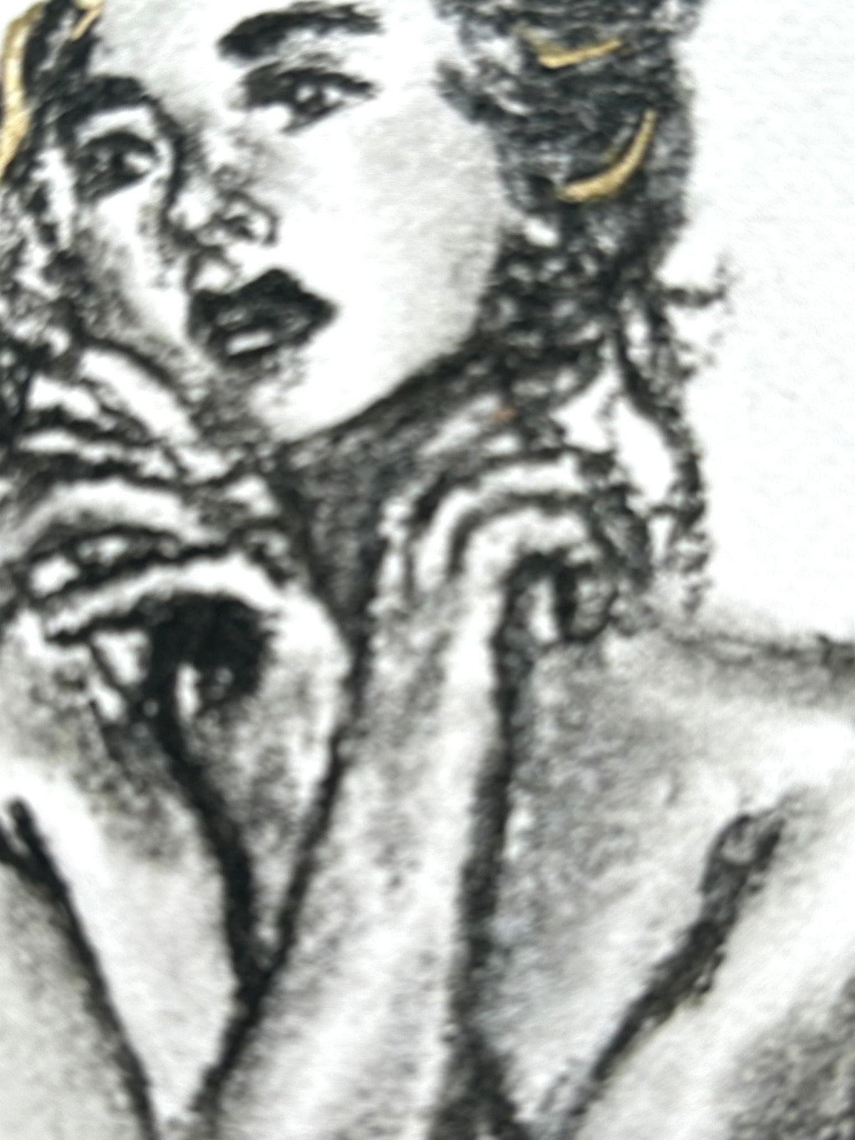 Close-up detail of Held Breath charcoal art print showing the woman’s face, hands, and expressive charcoal shading