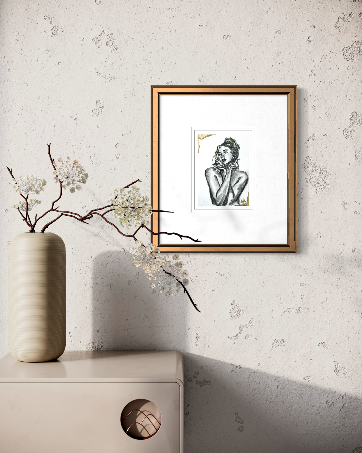 Held Breath 5x7 charcoal art print displayed in a gold frame on a neutral wall