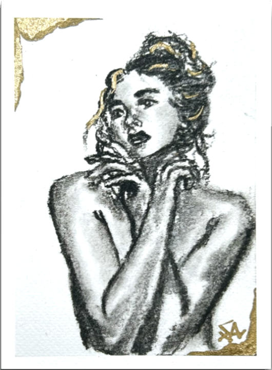 Held Breath 5x7 charcoal art print featuring an expressive woman portrait with subtle gold accents