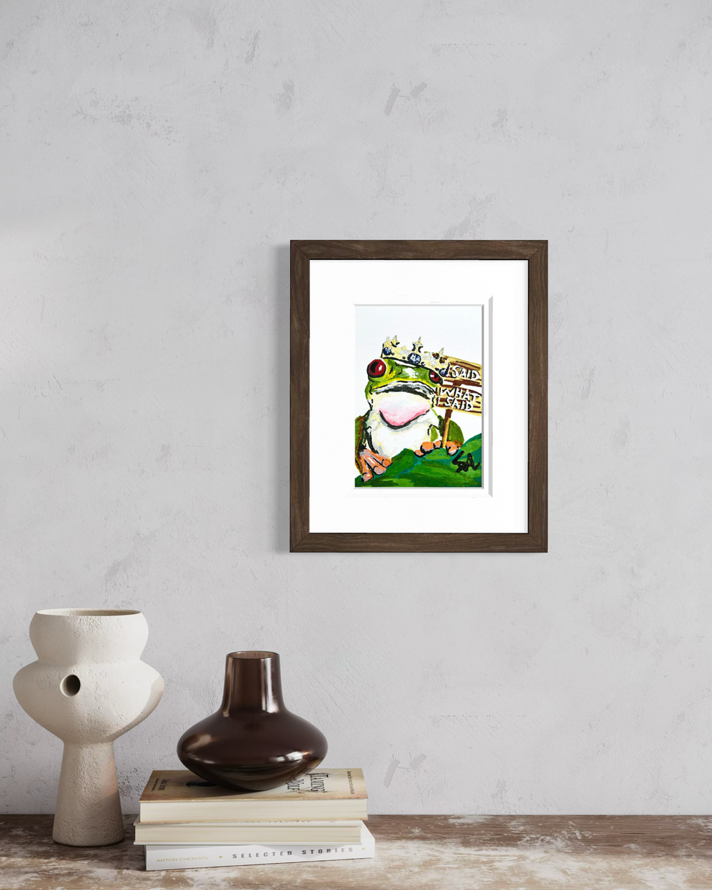 I Said What I Said 5x7 frog art print displayed framed on a wall