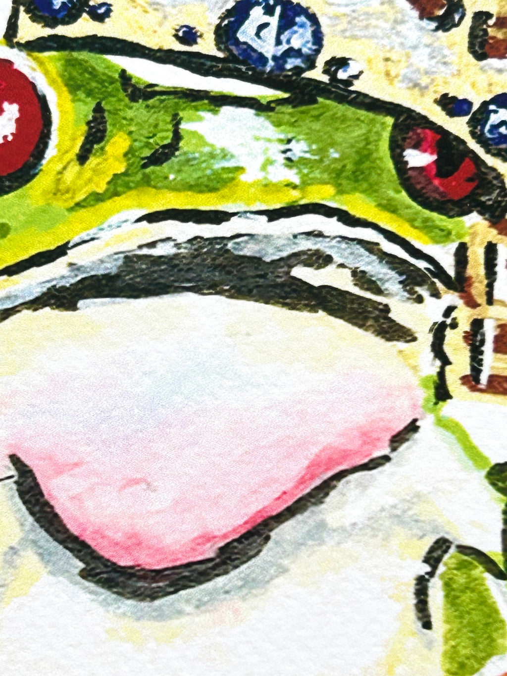 Close-up detail of I Said What I Said art print showing the crowned frog’s face and expressive red eyes