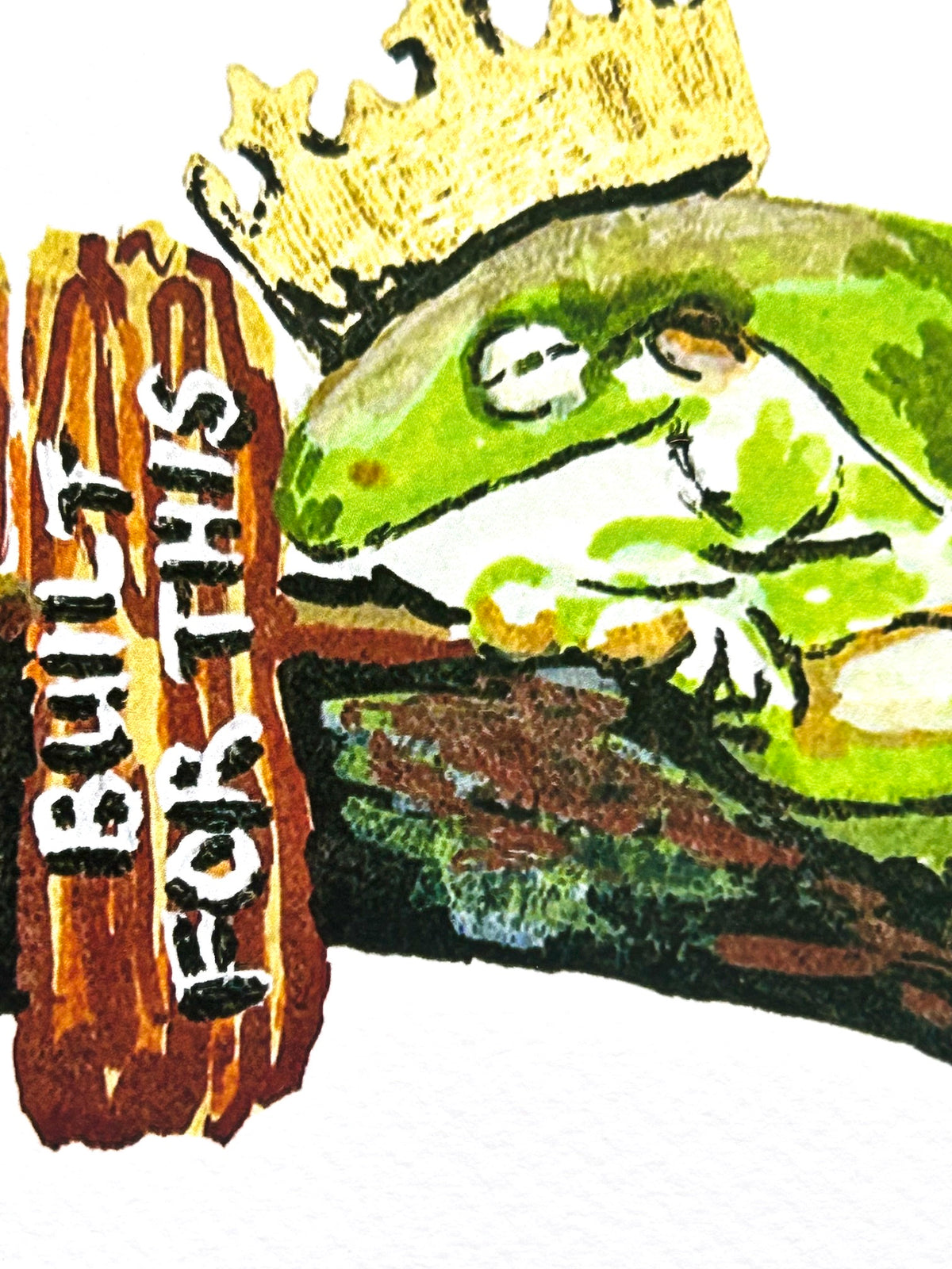 Close-up detail of I'm Not Built for This 5x7 art print showing a tired crowned frog resting beside a wooden sign