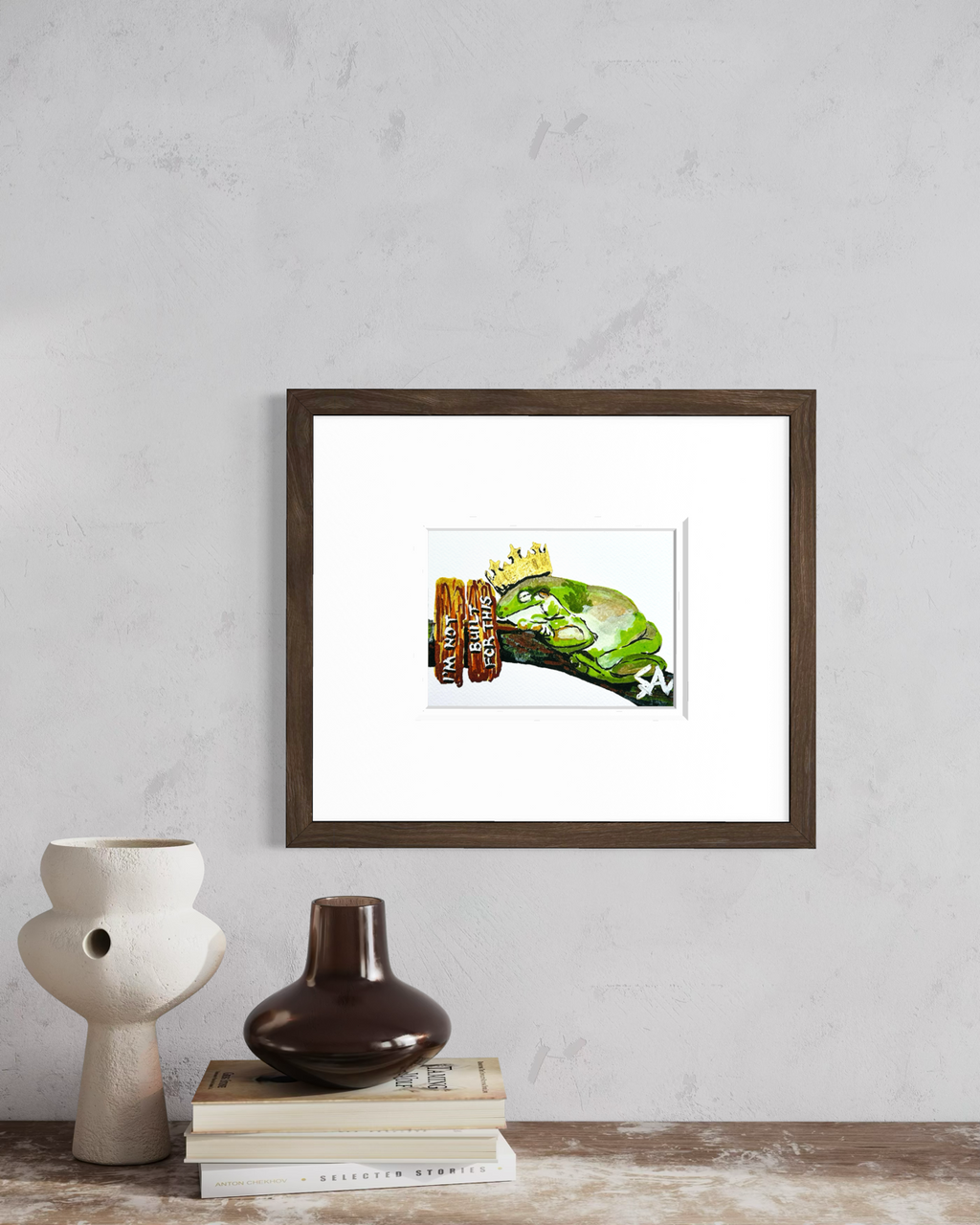 I'm Not Built for This 5x7 frog art print displayed framed on a wall