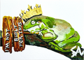 I'm Not Built for This 5x7 art print featuring a tired crowned frog resting beside a wooden sign