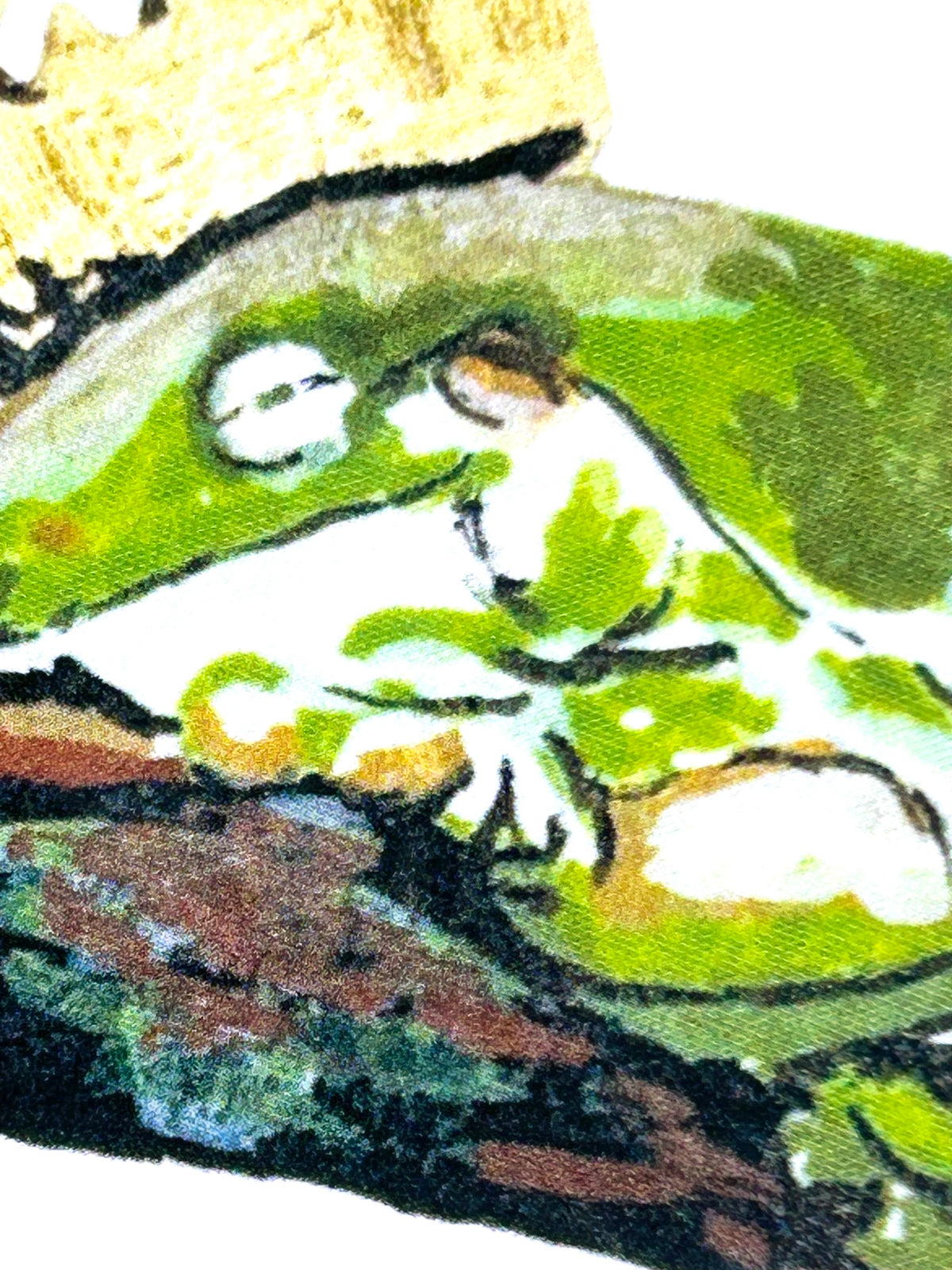 Close-up of I’m Not Built for This vinyl sticker showing a tired green frog resting its head on its hand