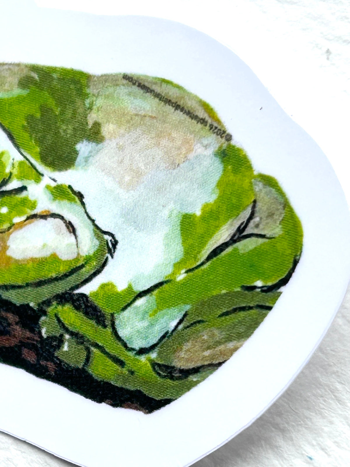 Detail view of I’m Not Built for This vinyl sticker showing the green frog artwork and watercolor texture
