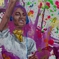 In Full Volume original 18x18 live acrylic painting featuring a colorful figure wearing headphones with expressive paint splashes