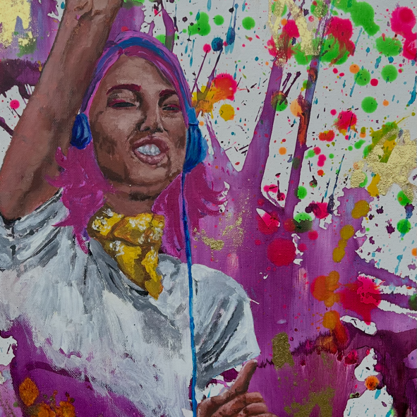 In Full Volume original 18x18 live acrylic painting featuring a colorful figure wearing headphones with expressive paint splashes