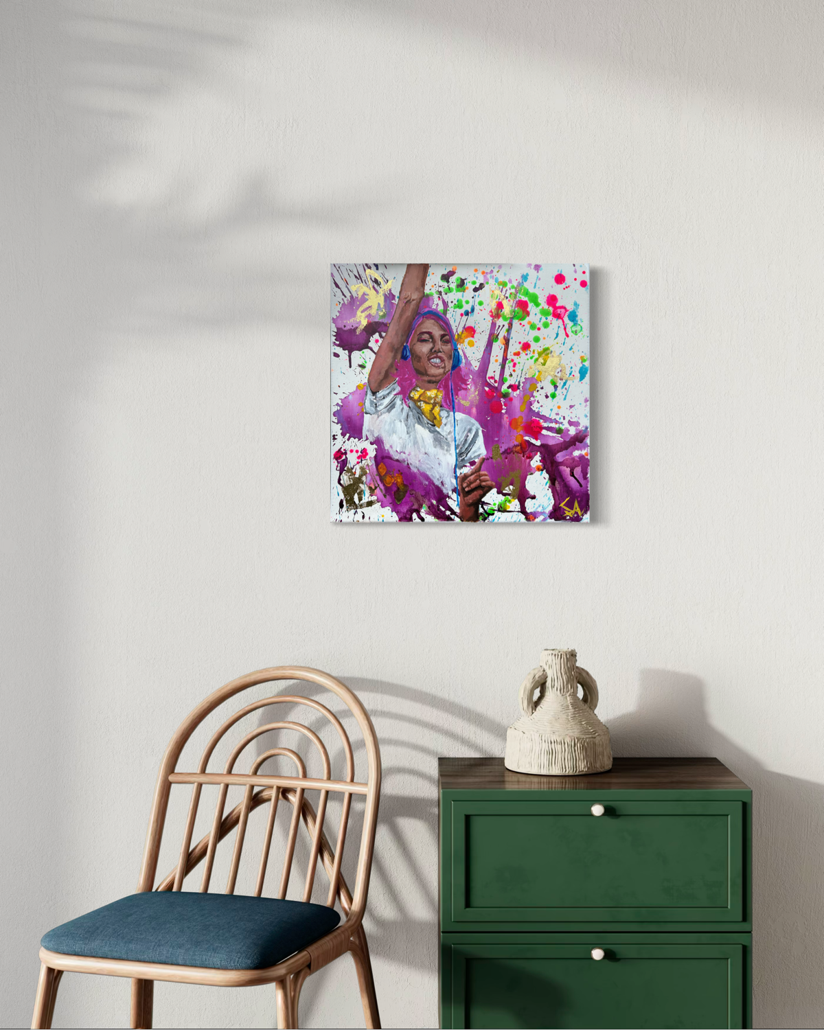 In Full Volume original 18x18 acrylic painting displayed on a wall in a modern interior