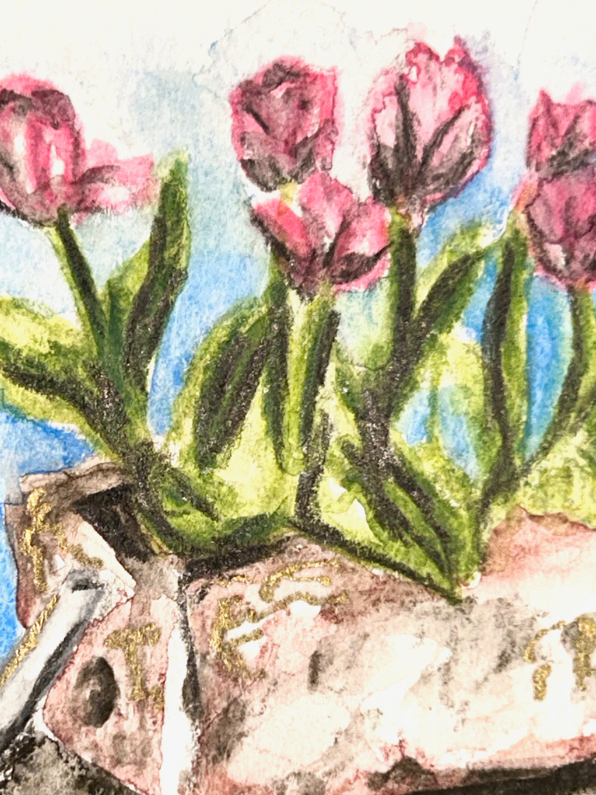 Close-up of Just Because ACEO floral artwork in watercolor pencil and gold marker