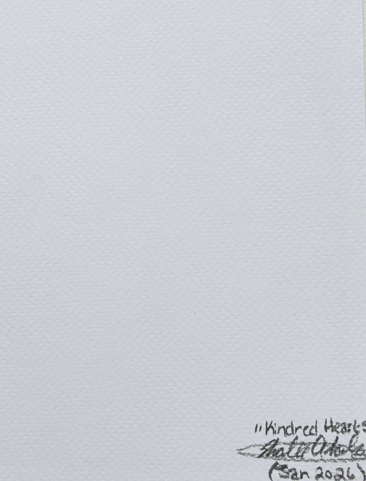 Back of Kindred Hearts 5x7 art print showing handwritten title, artist signature, and date
