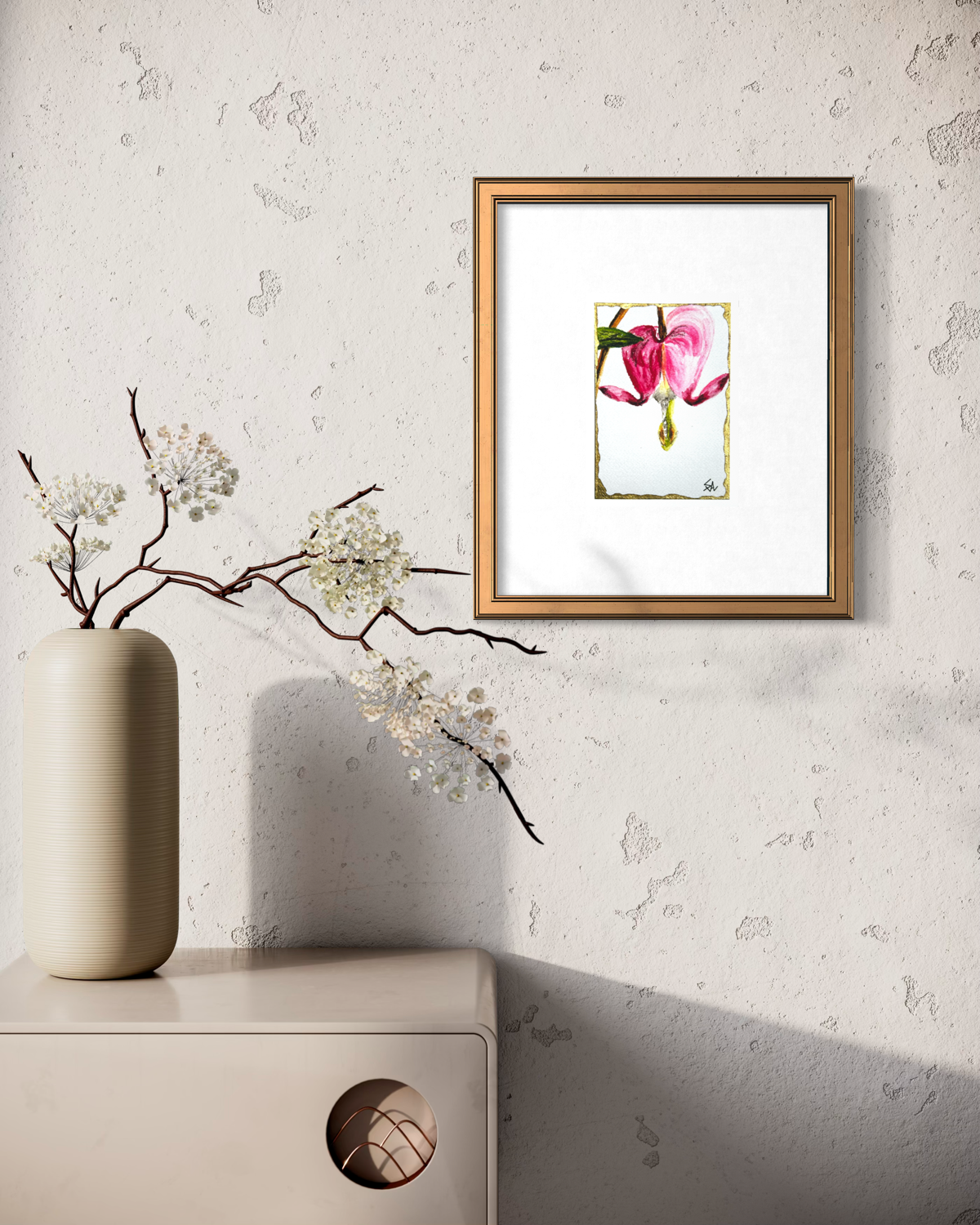Kindred Hearts 5x7 floral art print from the Petals & Poise Collection displayed in a gold frame