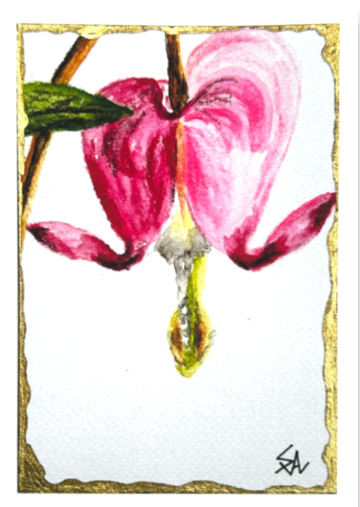 Kindred Hearts 5x7 floral art print featuring a pink bleeding heart flower with gold accents